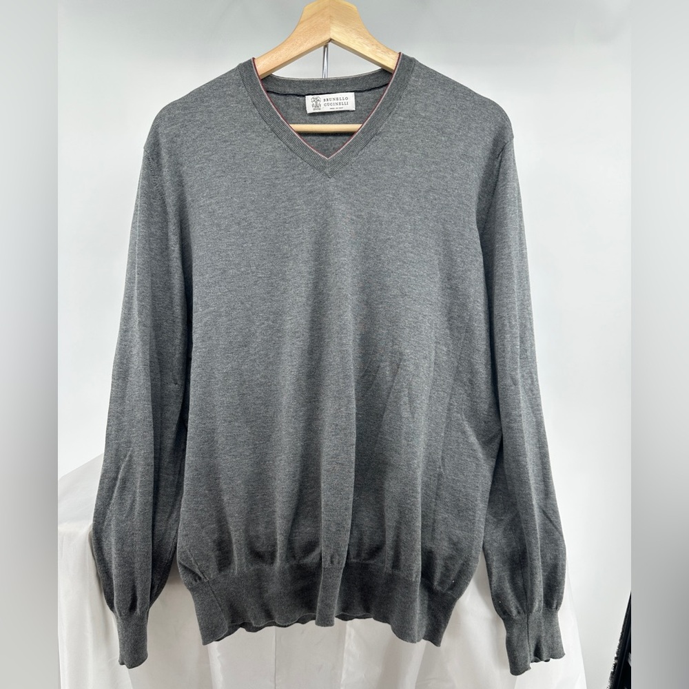 Brunello Cucinelli gray v neck cotton sweater
